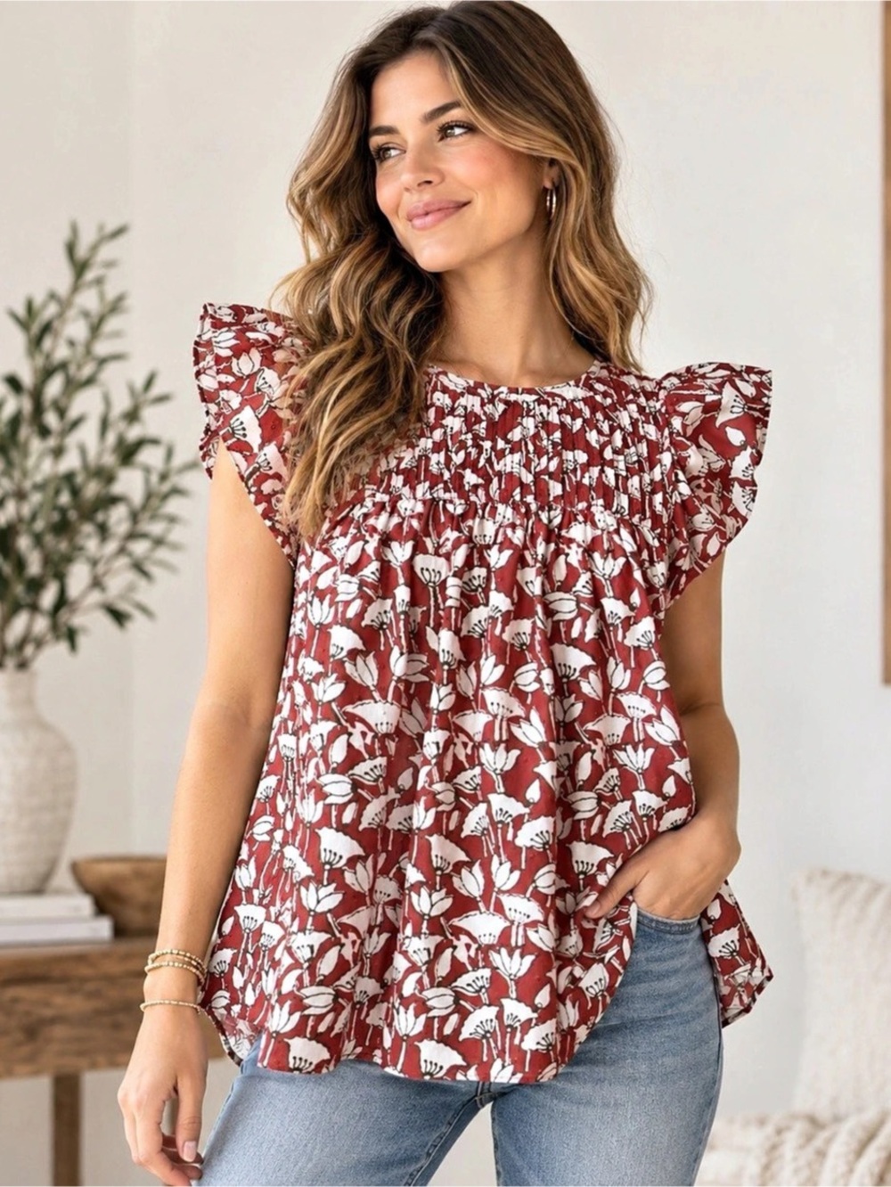 LOFT Womens SP Petite Red Floral Flutter Sleeve Pintuck Blouse Top Boho